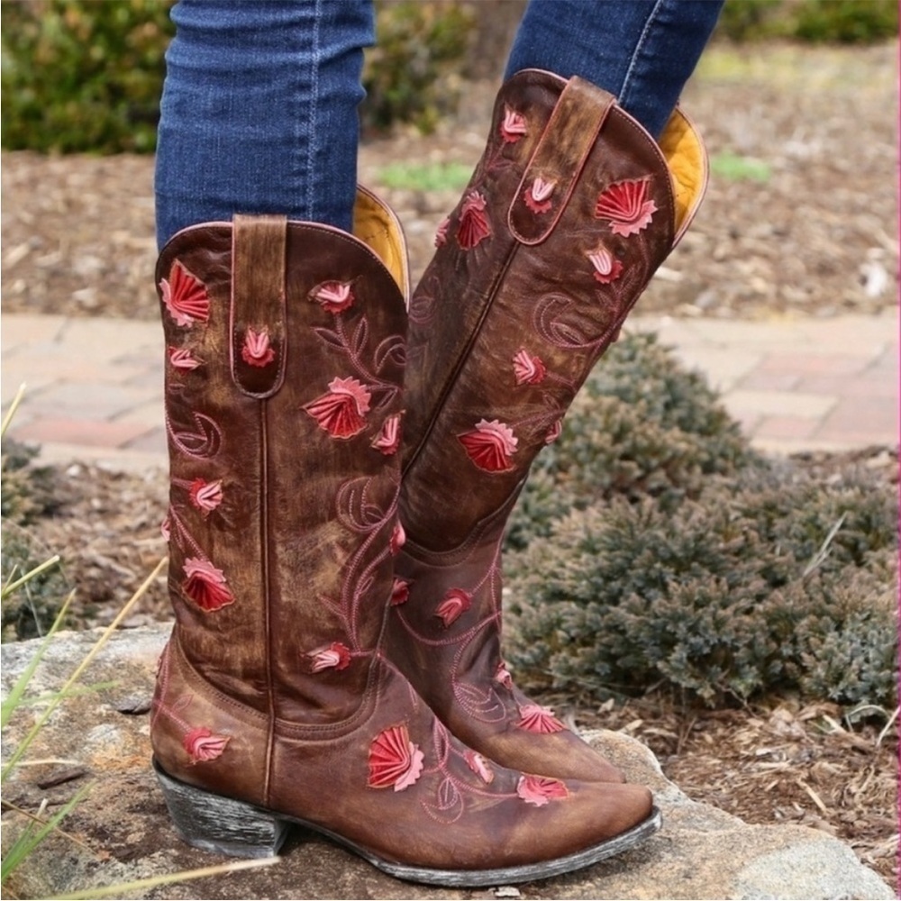 OLD GRINGO Abby Rose Pink Embroidered Floral Distressed Brown Cowboy Biker Boots